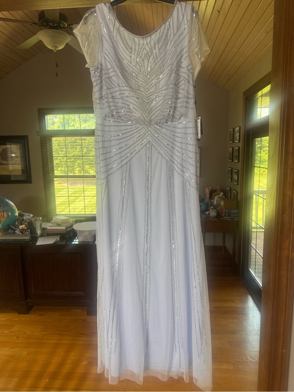 Adrianna Papell White Gown with Silver Sequin Detail